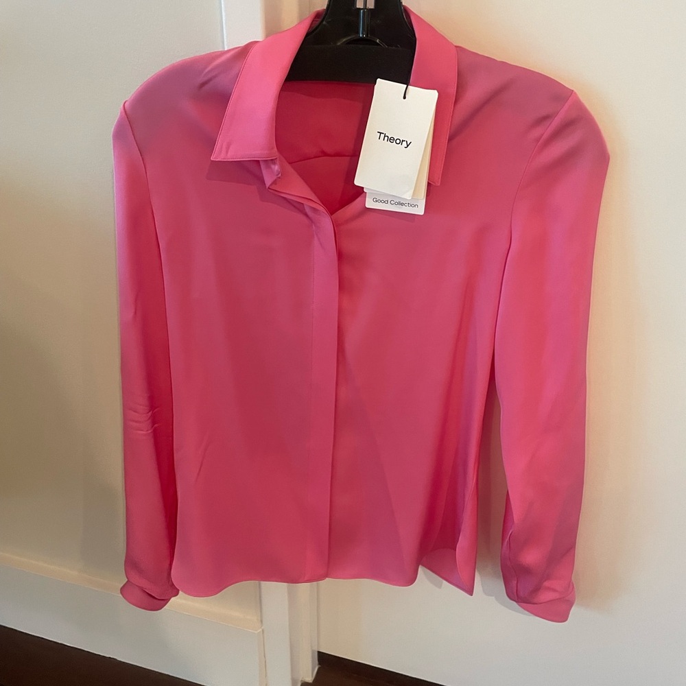 Theory Bright Pink Long Sleeve Fitted Button Down Shirt